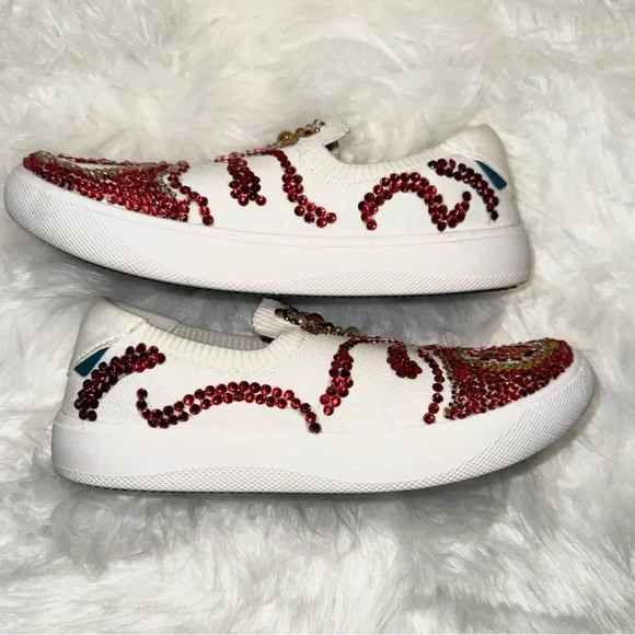Hand-Embellished Ruby & Gold Rhinestone Sneakers Custom Wearable Art Statement - Picture 7 of 9